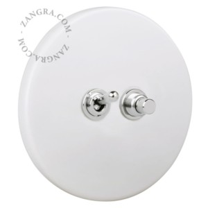 Zangra | Włącznik podwójny | dźwigniowy + impulsowy |  Porcelanowy - retro 2G | Biały mat